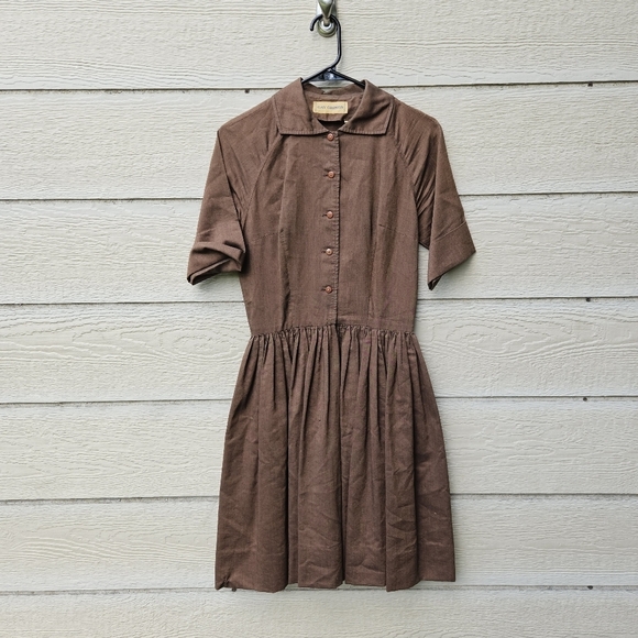vtg Gay Gibson brown short sleeve day dress 1950s SEE MEASUREMENTS small flaws - Picture 1 of 8